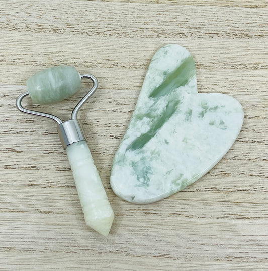 Jade Gua Sha and Miniature Roller - 2 Piece Facial Massage Set